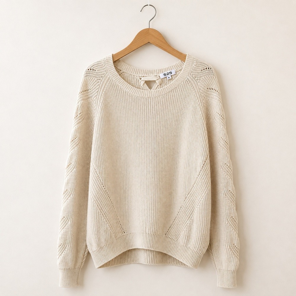 525 Coquette Lace Up Back Sweater Women XL Cream Pointelle Coastal Grandmother